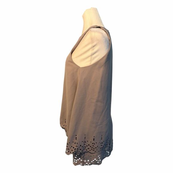 Bec + Bridge Laser Cut Mini Dress Taupe Gray Flowy Layered Knit 2 - Picture 4 of 9